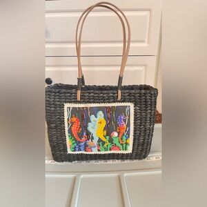 EUC Sun n Sand Black Woven Bag with Art by Designer Paul Brent Seahorse Shell 3D